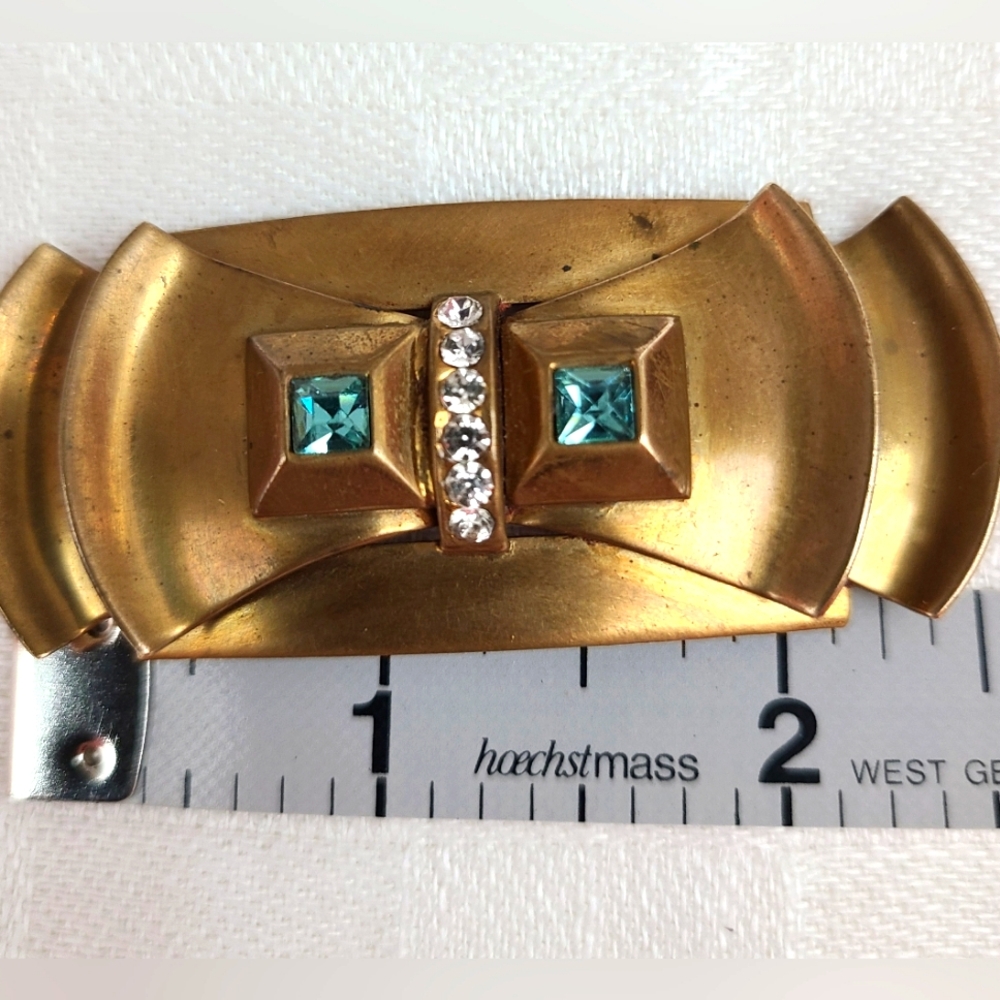 Antique Brass Brooch Set With Aquamarine and AB Rhinestones - Picture 6 of 7